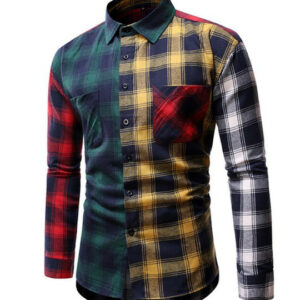 plaid shirt 2021 men long sleeve single breasted patchwork contrast color design mens casual shirt tx30