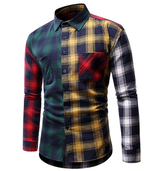 plaid shirt 2021 men long sleeve single breasted patchwork contrast color design mens casual shirt tx30