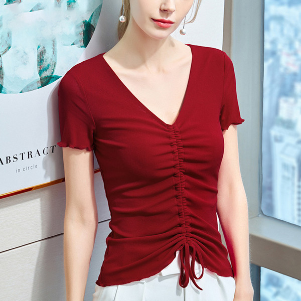 short-sleeved t-shirt women's fashion mesh summer 2020 new v-neck t-shirt cherries red drawstring women's size s-2xl-
