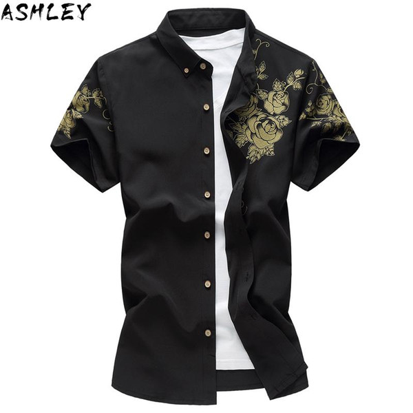 silk cotton men's shirt 2020 summer fashion printed casual shirt short sleeve slim business men's size m-7xl