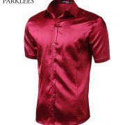 smooth silk satin shirt men 2020 brand new short sleeve mens dress shirts casual slim party wedding prom shiny chemise homme xxl