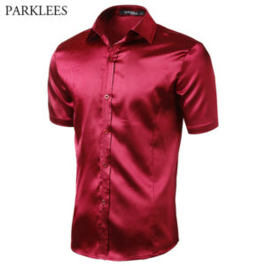 smooth silk satin shirt men 2020 brand new short sleeve mens dress shirts casual slim party wedding prom shiny chemise homme xxl