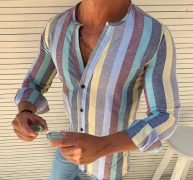 striped casual mens desiger shirts long sleeve mens social and holiday shirt mens fashion clothing