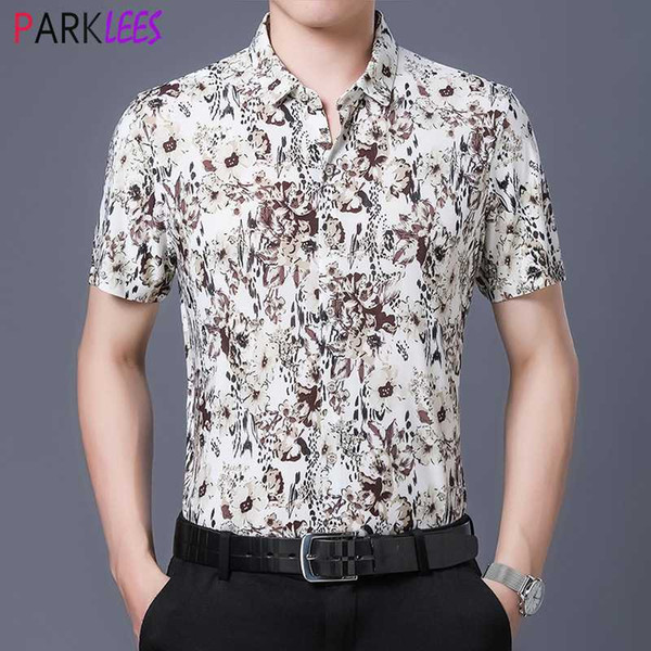 stylish floral print mens dress shirts 2020 summer new slim fit short sleeve shirt men casual smooth milk silk like camisas 4xl