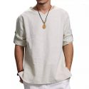 summer autumn men’s shirt literary male youth simple casual long-sleeved solid color pullover regular full collarless1