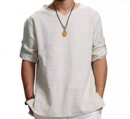 summer autumn men’s shirt literary male youth simple casual long-sleeved solid color pullover regular full collarless1