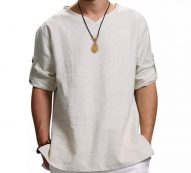 summer autumn men’s shirt literary male youth simple casual long-sleeved solid color pullover regular full collarless1