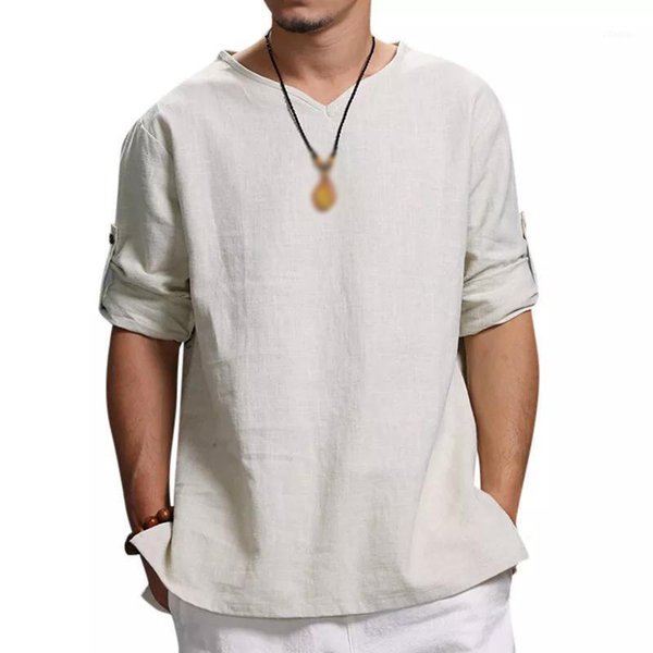 summer autumn men's shirt literary male youth simple casual long-sleeved solid color pullover regular full collarless1