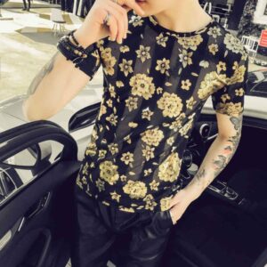 summer men t-shirt brand new slim fit men t shirts with short sleeve hollow slim fit breathable floral tee shirt homme