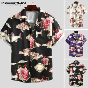 summer printed men hawaiian shirt beach short sleeve streetwear blouse lapel button breathable casual camisa masculina incerun