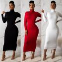 turtleneck woman’s dress with long-sleeve bodycon thin, elegant, solid elastic robes tight 2021 summers aummer wear bglv