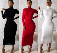 turtleneck woman’s dress with long-sleeve bodycon thin, elegant, solid elastic robes tight 2021 summers aummer wear bglv