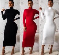 turtleneck woman’s dress with long-sleeve bodycon thin, elegant, solid elastic robes tight 2021 summers aummer wear bglv