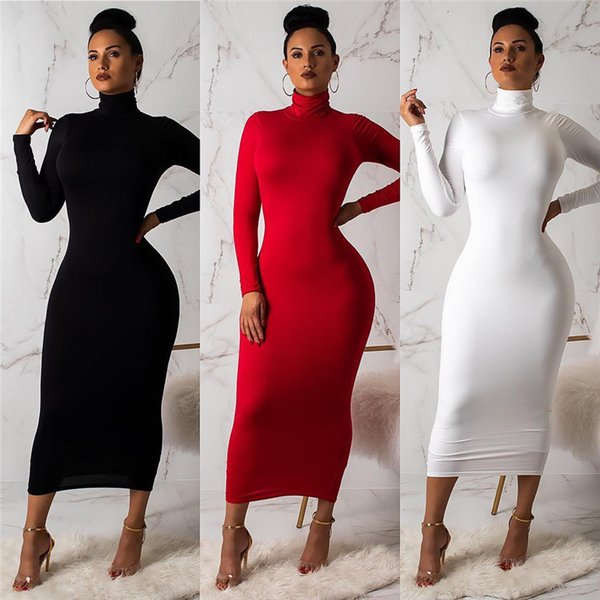 turtleneck woman's dress with long-sleeve bodycon thin, elegant, solid elastic robes tight 2021 summers aummer wear bglv