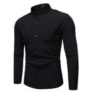 unique multi-pocket design mens dress shirts standing collar casual social shirt for men slim fir blouse men