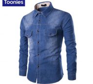 wholesale- 2017 solid cotton denim men’s shirt long sleeve mens shirt causal mans camisa social camisa hombre overhemd heren brand clot