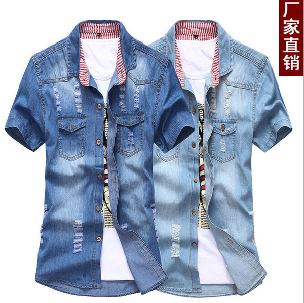 wholesale-casual men 2016 denim men shirt short sleeve fashion fit mens jeans shirts summer style camisa jean masculina plus size3xl