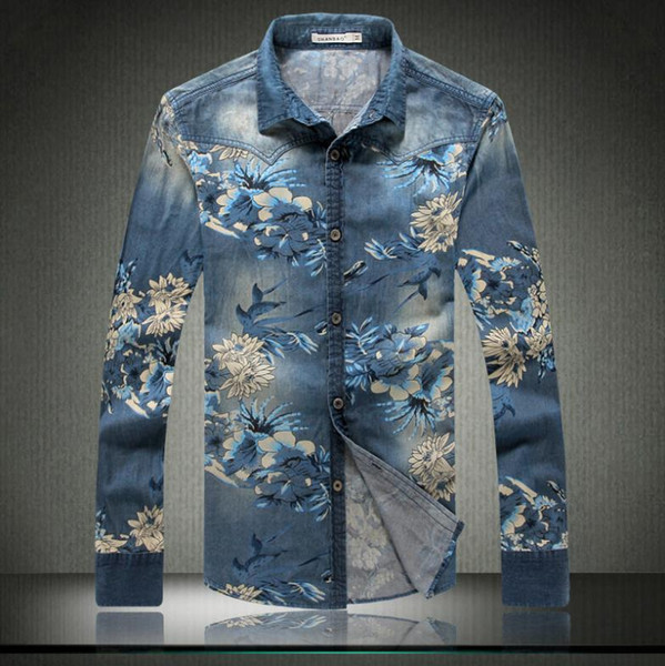 wholesale-fashion men casual floral shirts spring long sleeved shirt slim denim shirt floral men's male slim fit cardigan plus size