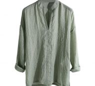 womail men cotton shirt long sleeve men’s causal shirt breathable long sleeve loose solid color v-neck casual men