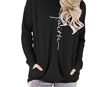 women’s fashion faith print shirt women casual female long sleeve cotton letter pocket cable sweat t-shirt femme funny