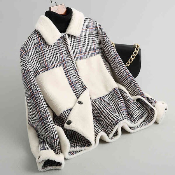 women's wool & blends fashion thick fur coat female plaid autumn winter coats for women short lamb both sides wear overcoat kqn18010 ka