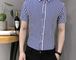 yasuguoji new men formal shirts short sleeve mens dress shirts men slim fit work vertical striped for