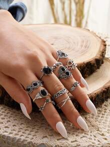 11pcs Skull & Gemstone Decor Ring