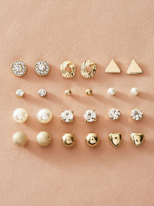 12pairs Rhinestone Decor & Faux Pearl Decor Stud Earrings