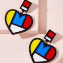 1pair Color Block Heart Decor Drop Earrings