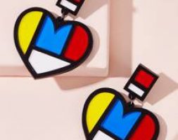 1pair Color Block Heart Decor Drop Earrings