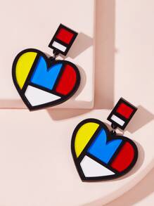 1pair Color Block Heart Decor Drop Earrings