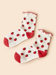 1pair Lettuce Edge Strawberry Socks