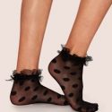 1pair Polka Dot Pattern Ruffle Hem Mesh Socks