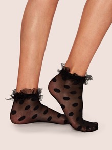 1pair Polka Dot Pattern Ruffle Hem Mesh Socks