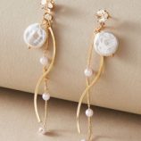 1pair Rhinestone Decor & Faux Pearl Decor Long Drop Earrings