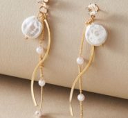 1pair Rhinestone Decor & Faux Pearl Decor Long Drop Earrings