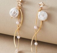 1pair Rhinestone Decor & Faux Pearl Decor Long Drop Earrings