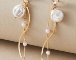 1pair Rhinestone Decor & Faux Pearl Decor Long Drop Earrings