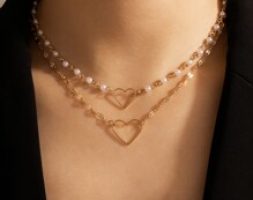 1pc Open Heart Faux Pearl Layered Necklace