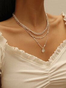 1pc Round Disc Layered Chain Necklace