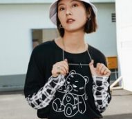 2 In 1 Plaid Sleeve Cartoon Bear Graphic Tee