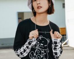 2 In 1 Plaid Sleeve Cartoon Bear Graphic Tee