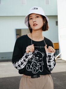 2 In 1 Plaid Sleeve Cartoon Bear Graphic Tee