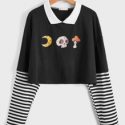 2 In 1 Skull & Mushroom Graphic Contrast Collar Crop Tee