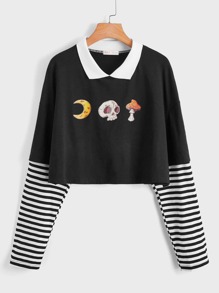 2 In 1 Skull & Mushroom Graphic Contrast Collar Crop Tee