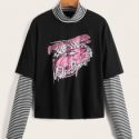 2 In 1 Striped Sleeve Letter Car Graphic Tee