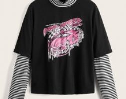 2 In 1 Striped Sleeve Letter Car Graphic Tee
