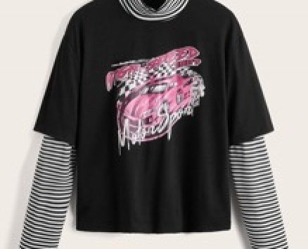 2 In 1 Striped Sleeve Letter Car Graphic Tee