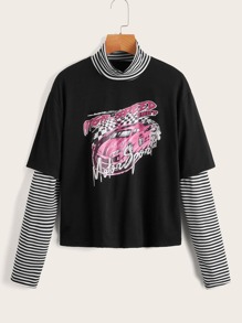 2 In 1 Striped Sleeve Letter Car Graphic Tee