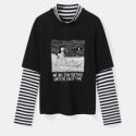 2 In 1 Striped Sleeve Slogan Skull Graphic Tee